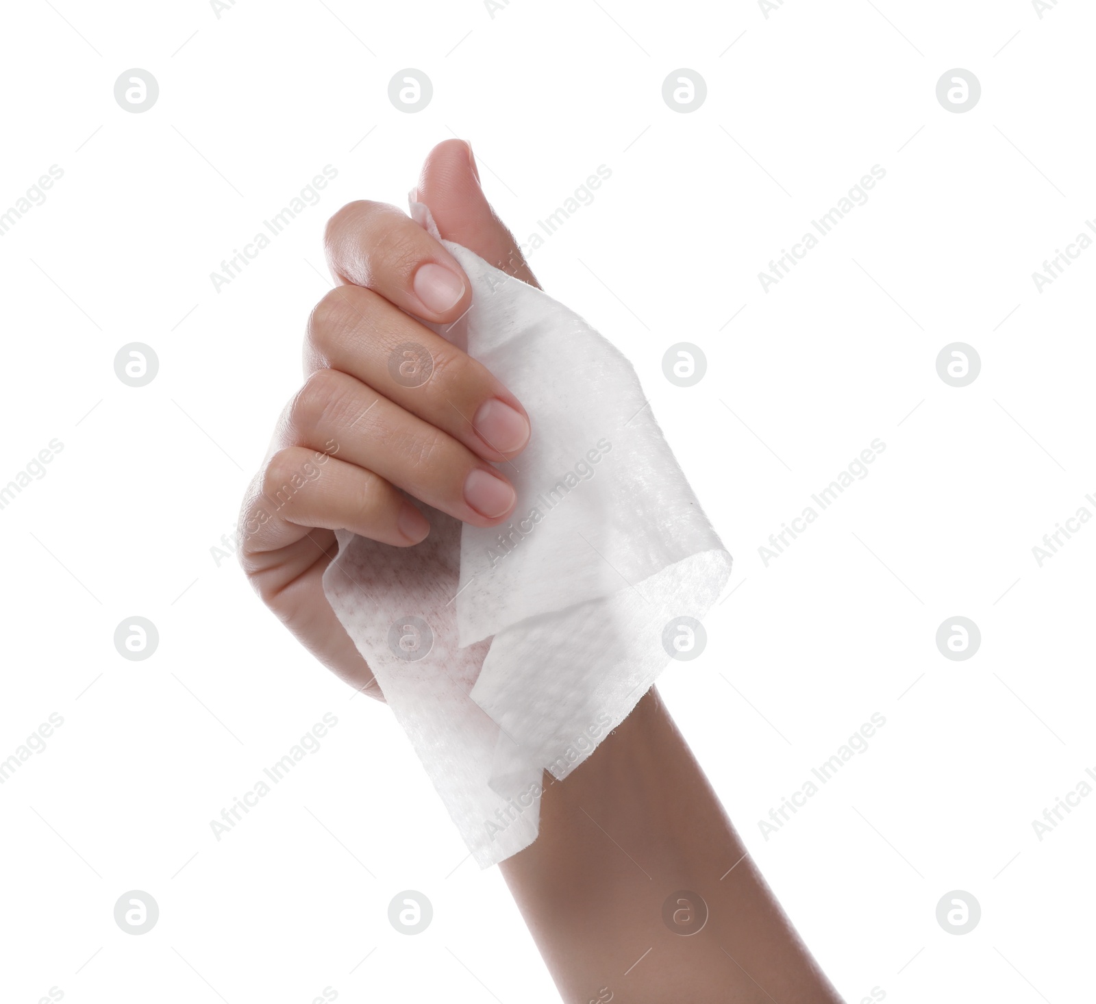 Photo of Woman holding wet wipe on white background, closeup