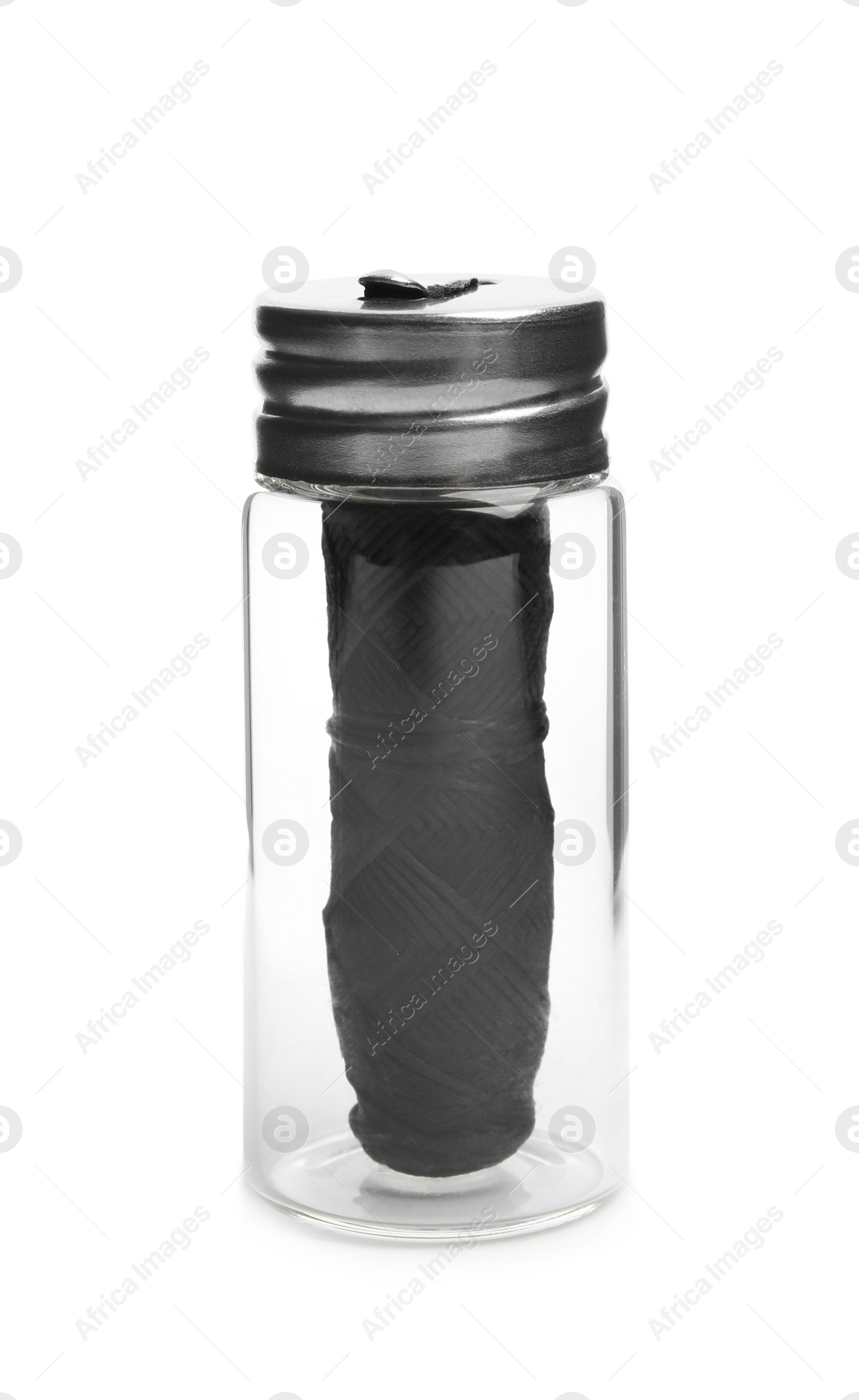 Photo of Roll of natural dental floss in jar on white background