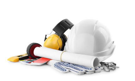 Photo of Different construction tools and hard hat isolated on white