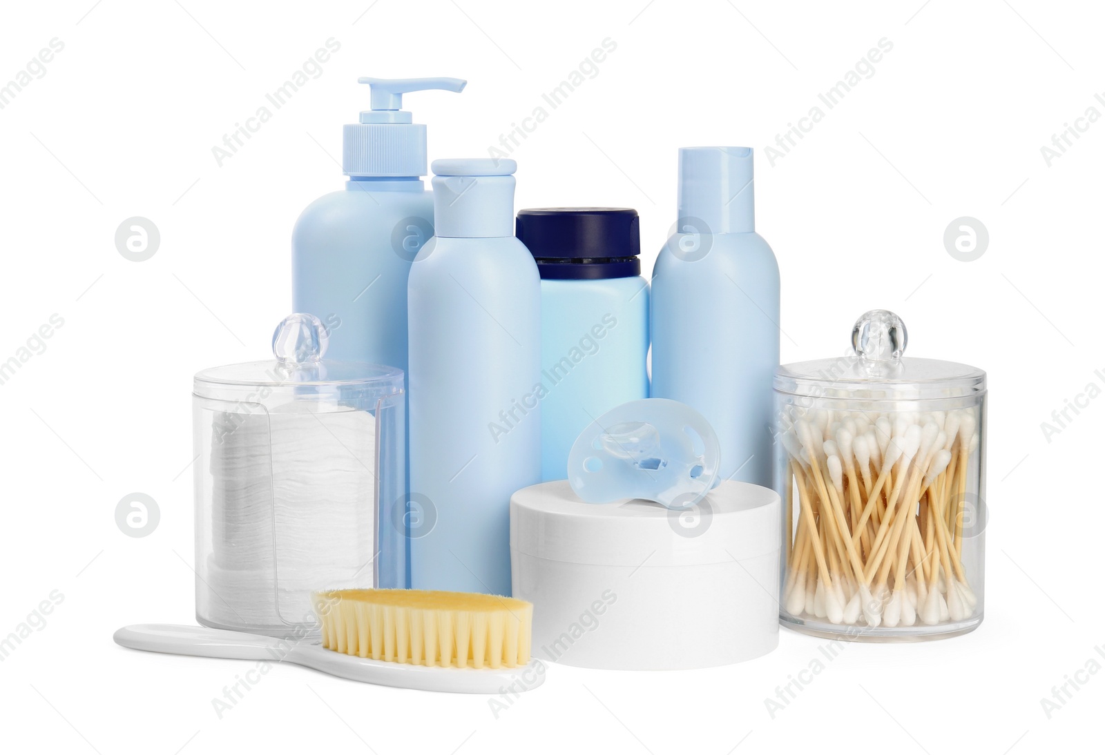 Photo of Different skin care products for baby and accessories isolated on white