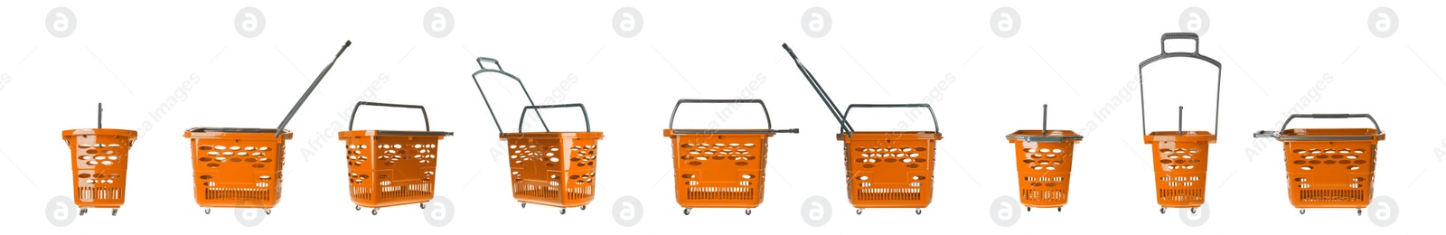 Image of Set of shopping baskets on white background. Banner design