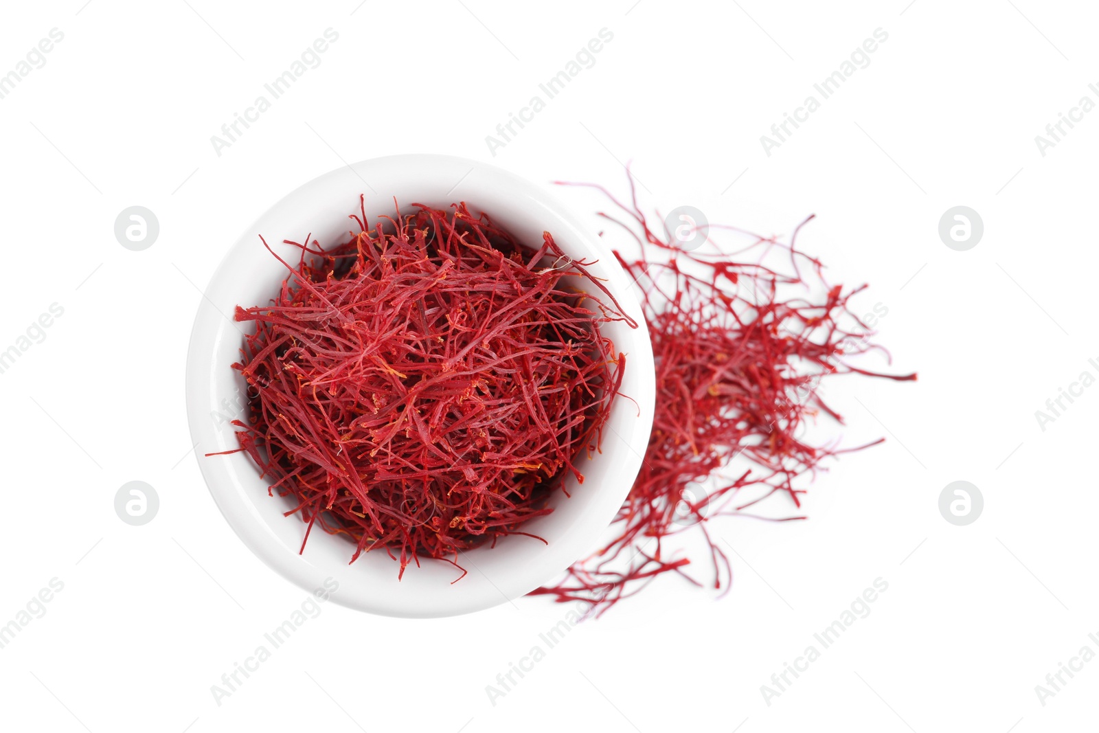 Photo of Dried saffron on white background, top view