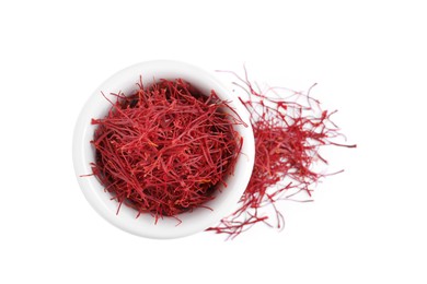 Photo of Dried saffron on white background, top view