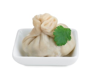 Photo of One tasty khinkali (dumpling) and parsley in bowl isolated on white. Georgian cuisine