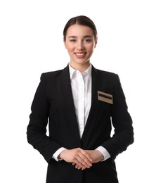 Portrait of happy young receptionist in uniform on white background