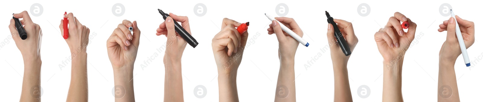 Image of Collage with photos of woman holding different markers on white background, closeup