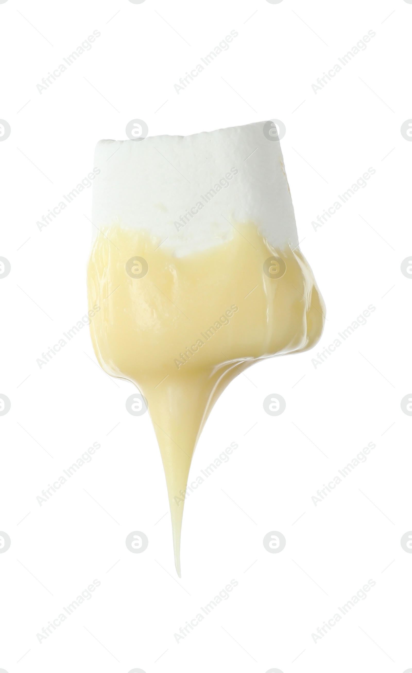 Photo of Fondue fork with marshmallow dipped into chocolate on white background