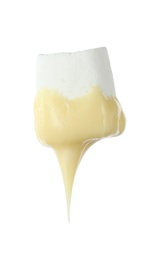 Photo of Fondue fork with marshmallow dipped into chocolate on white background