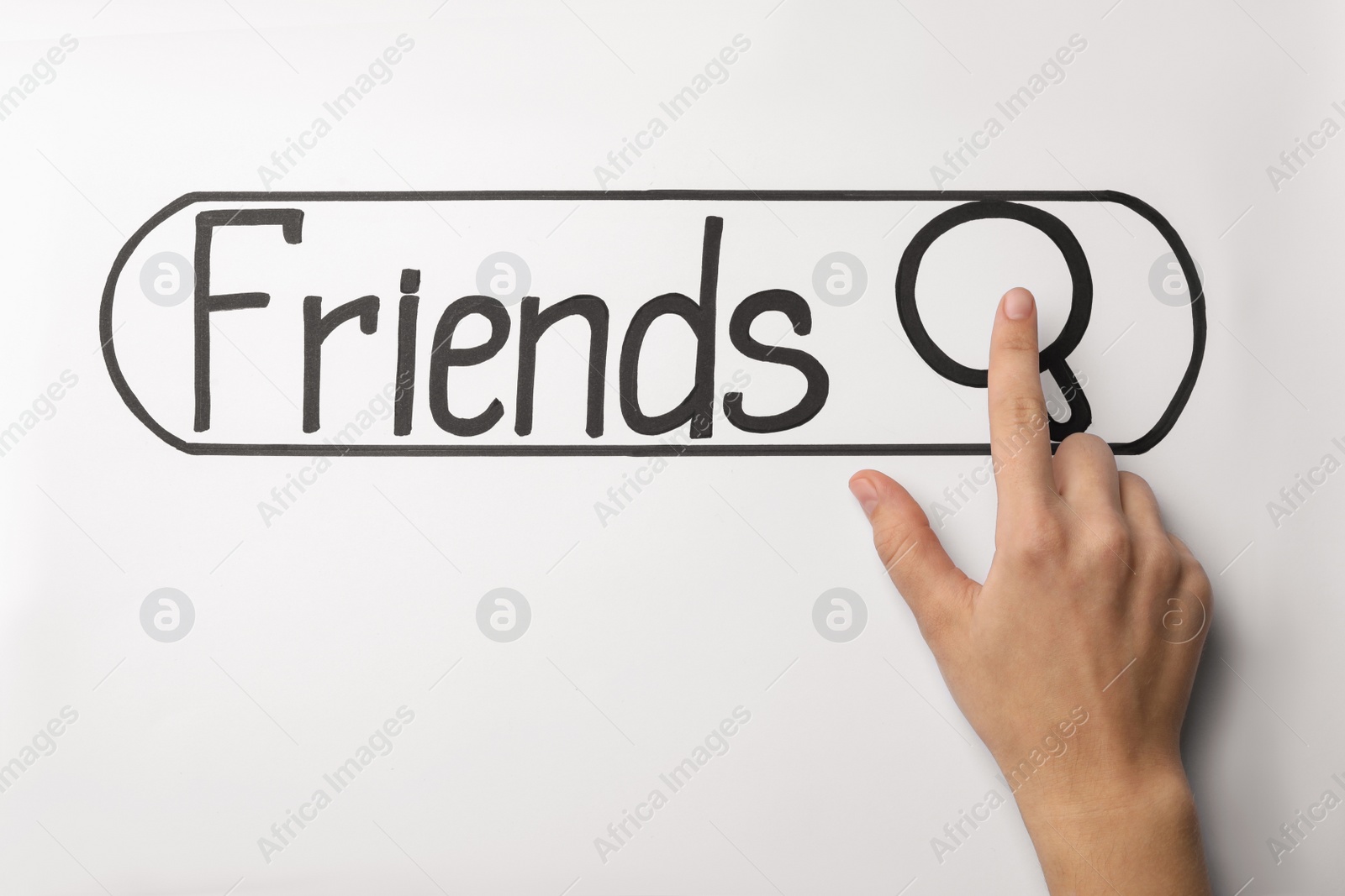 Photo of Woman with drawing of search field and word FRIENDS on white background, top view. Loneliness concept