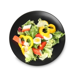 Photo of Salad with fresh crab sticks and lettuce on white background, top view