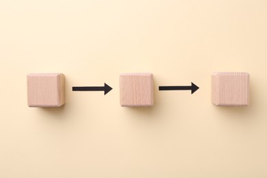 Photo of Business process organization and optimization. Scheme with wooden figures and arrows on beige background, top view
