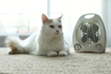 Photo of Adorable cat near modern electric heater on floor indoors