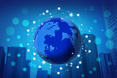 Image of Futuristic communication technology concept. World globe with network illustration on city background