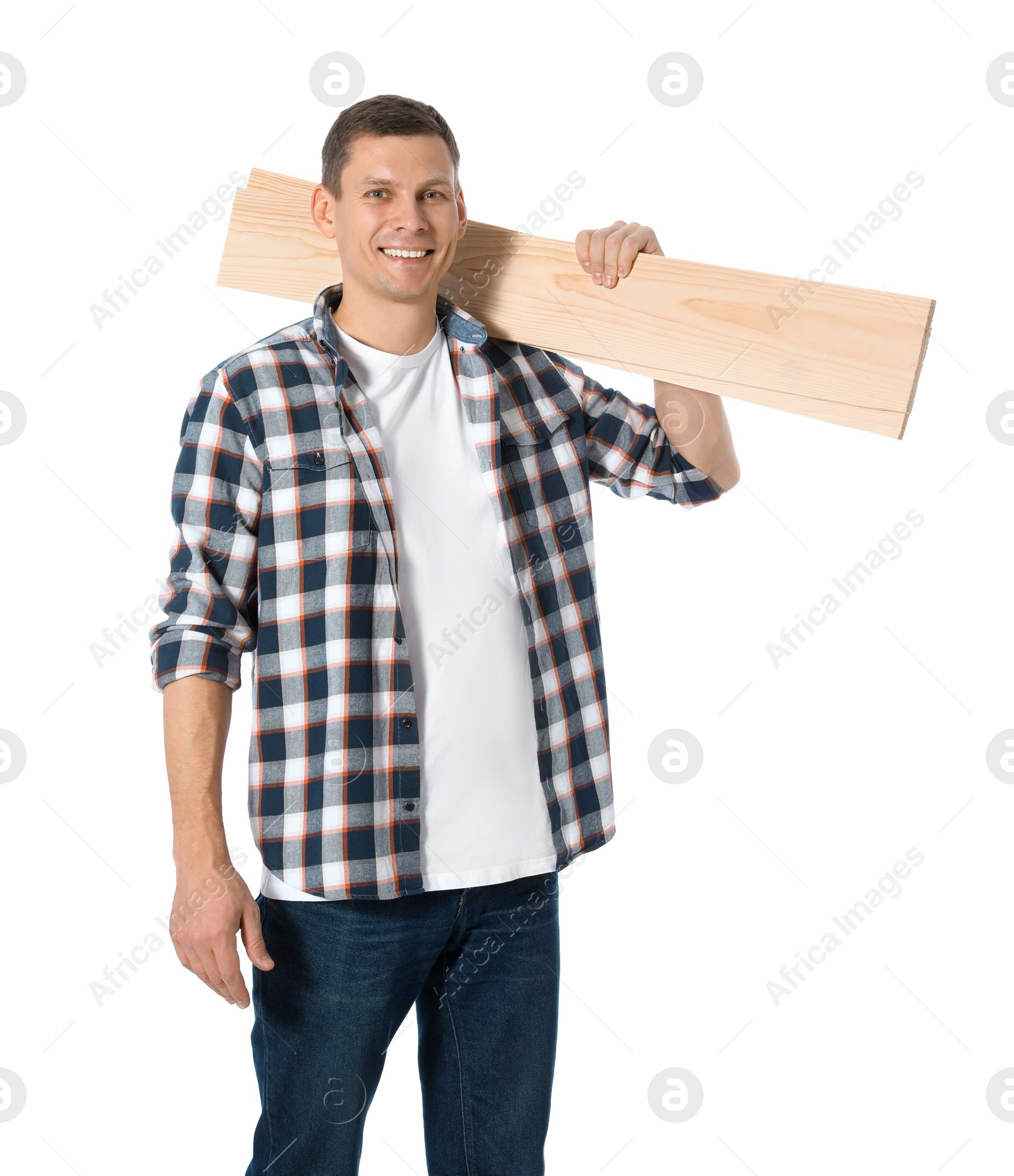 Photo of Handsome carpenter with wooden planks isolated on white