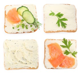 Image of Top view of bread with cream cheese, salmon and cucumber on white background, collage 