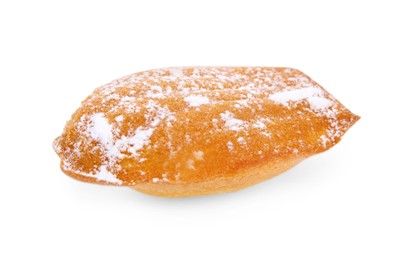 Photo of Delicious madeleine cake with powdered sugar isolated on white