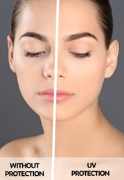 Young woman without and with sun protection cream on her face