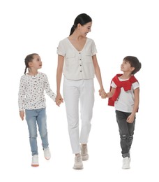 Little children with their mother together on white background
