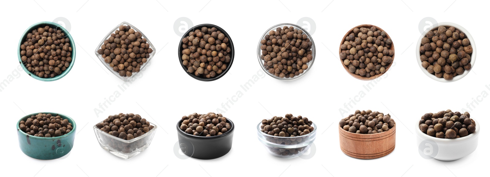 Image of Set of allspice berries (Jamaica pepper) in bowls isolated on white, top and side views