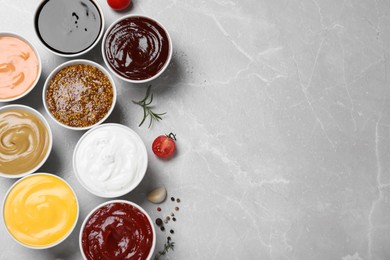 Photo of Many different sauces on light grey table, flat lay. Space for text