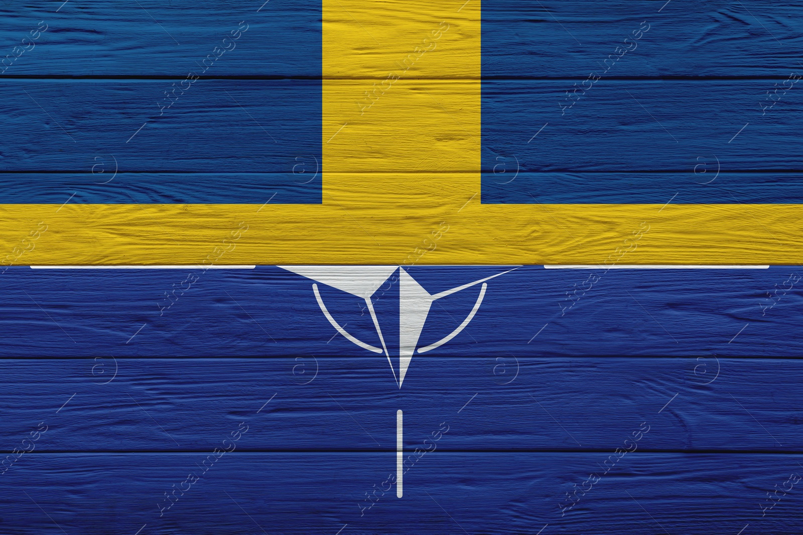 Image of Flags of Sweden and NATO on wooden background