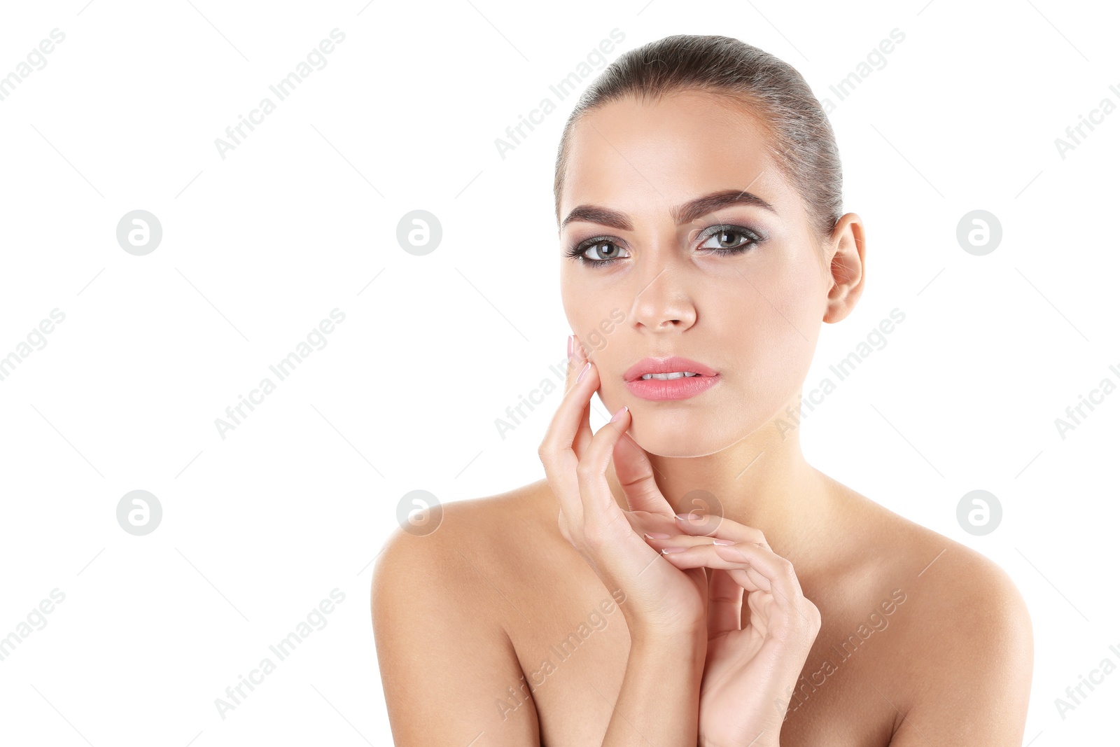 Photo of Portrait of beautiful woman with stylish makeup on white background