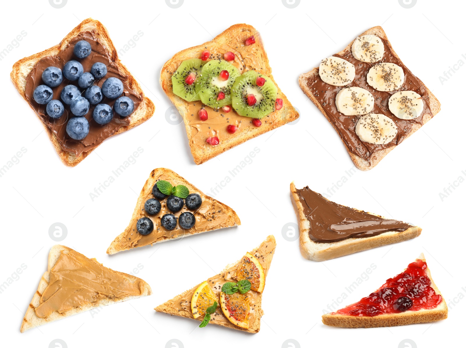 Image of Set of toasted bread with different toppings on white background