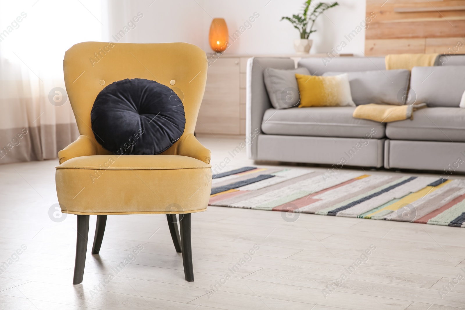 Photo of Comfortable armchair with soft cushion in modern living room interior. Space for text