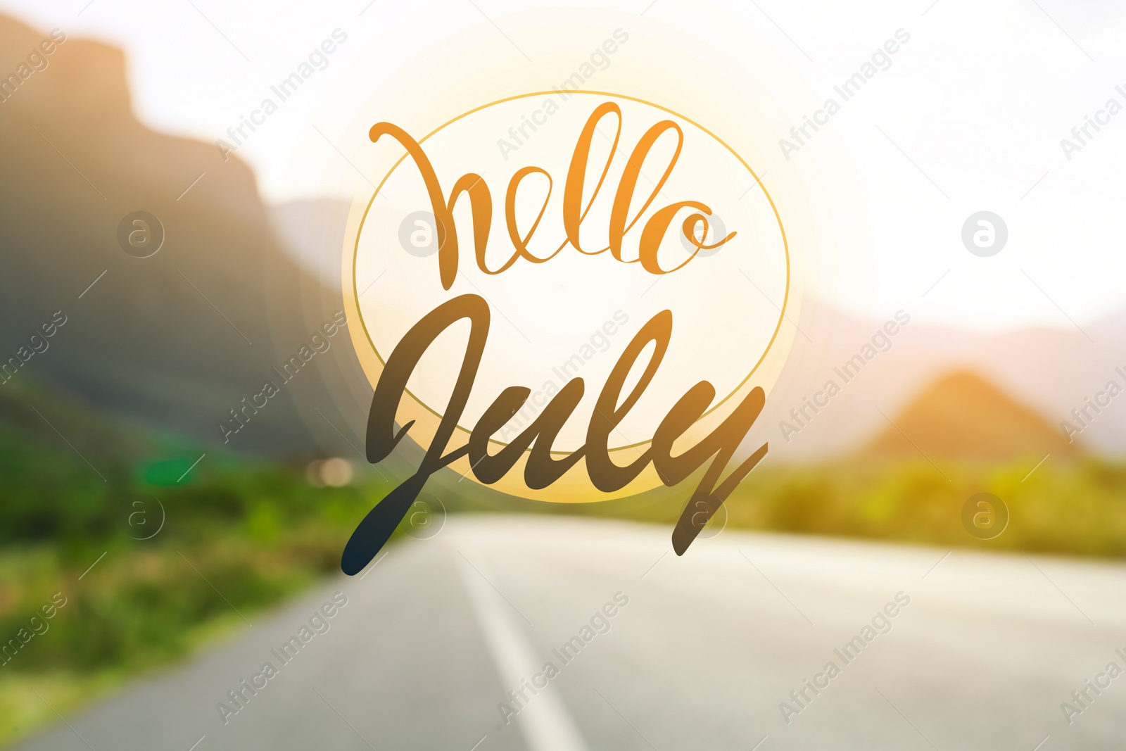 Image of Hello July. Blurred view of mountains and empty asphalt highway outdoors