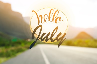 Image of Hello July. Blurred view of mountains and empty asphalt highway outdoors