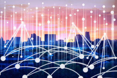 Image of Global communication technology concept. Network illustration on urban landscape