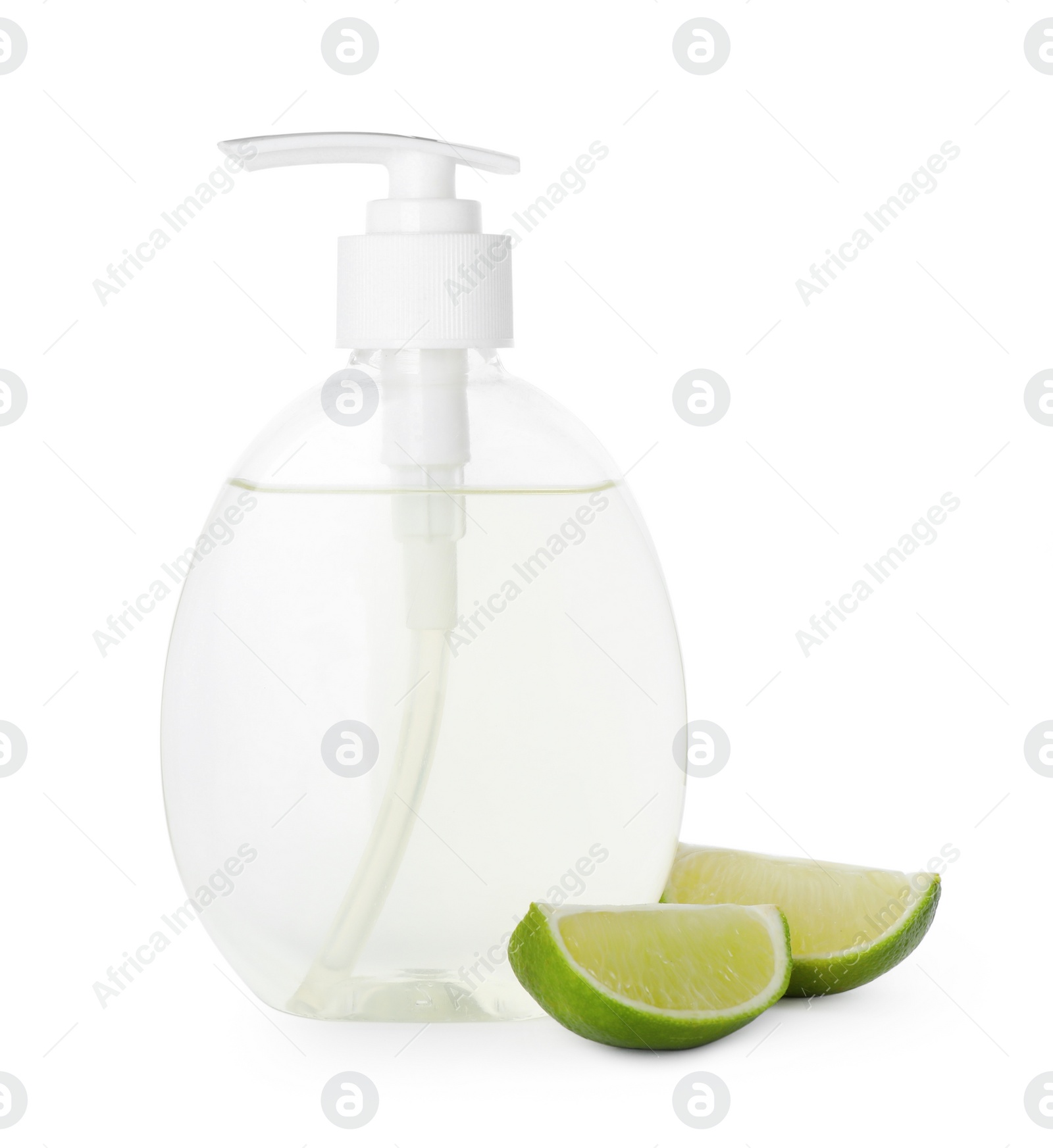 Photo of Dispenser with liquid soap and lime slices on white background