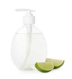 Dispenser with liquid soap and lime slices on white background