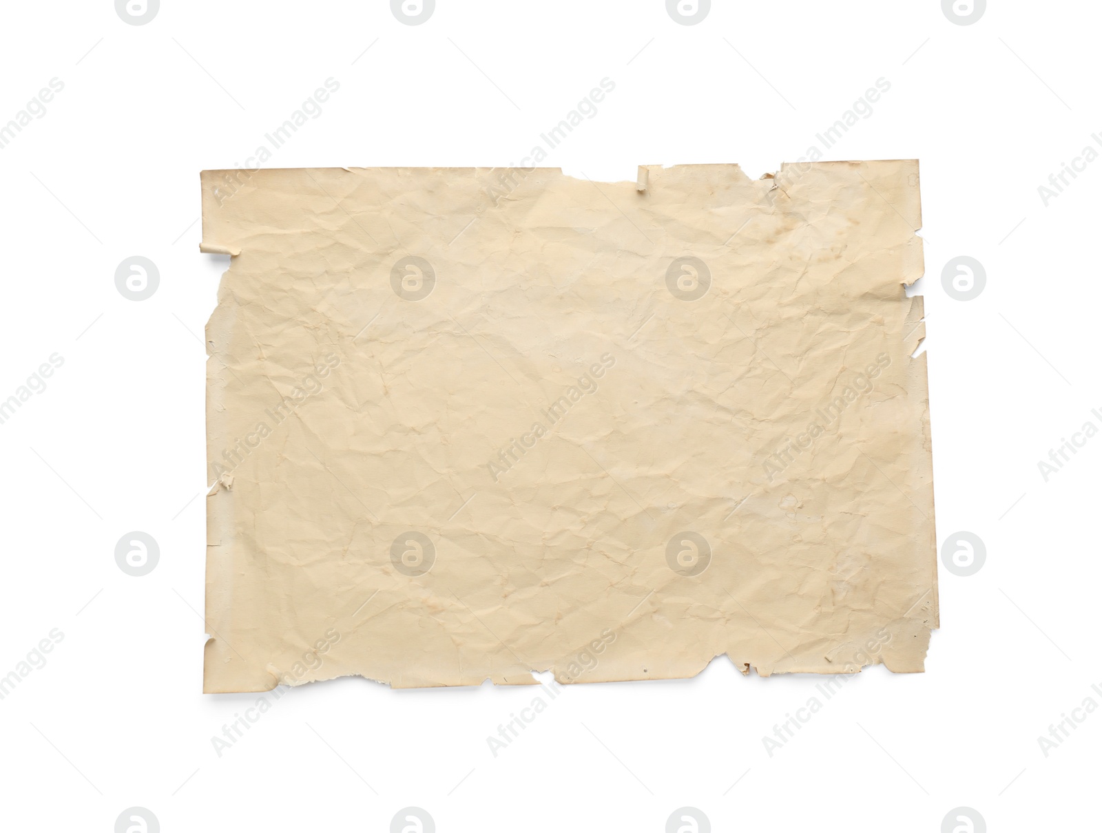 Photo of Sheet of old parchment paper isolated on white, top view. Space for design