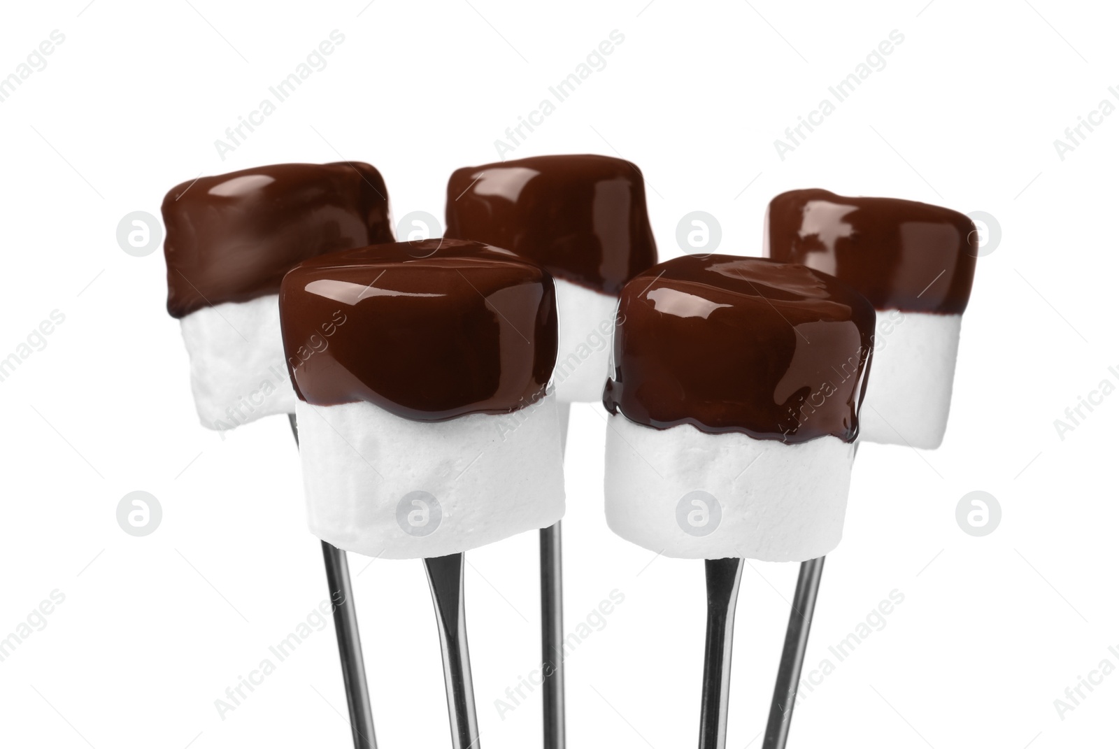 Photo of Tasty marshmallows dipped into chocolate on white background