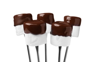 Photo of Tasty marshmallows dipped into chocolate on white background