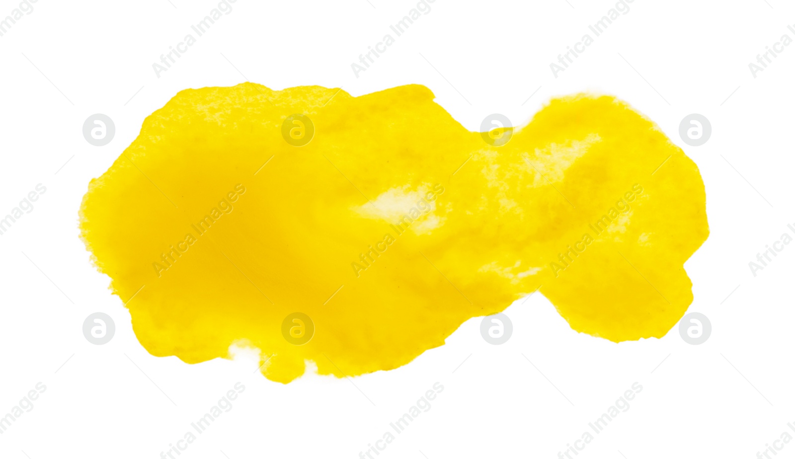 Photo of Blot of yellow watercolor paint isolated on white, top view