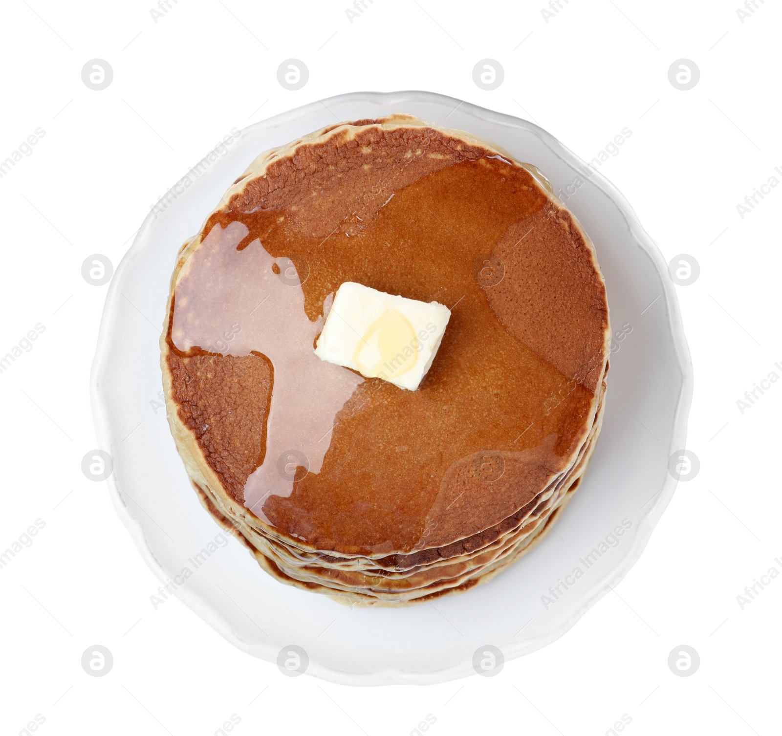 Photo of Stack of tasty pancakes with butter and honey on white background, top view