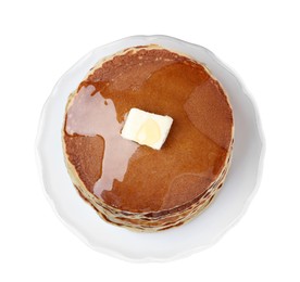 Photo of Stack of tasty pancakes with butter and honey on white background, top view