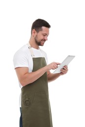 Smiling man using tablet on white background