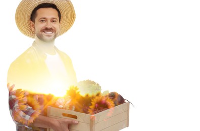 Double exposure of farmer and sunflower field on white background