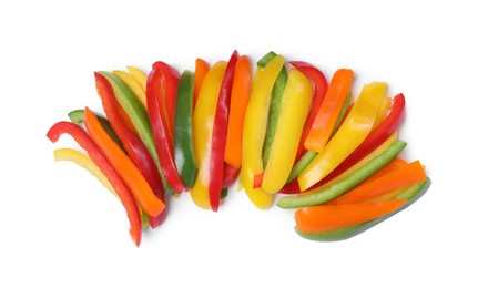 Photo of Colorful bell peppers cut in sticks on white background, top view. Healthy vegetables
