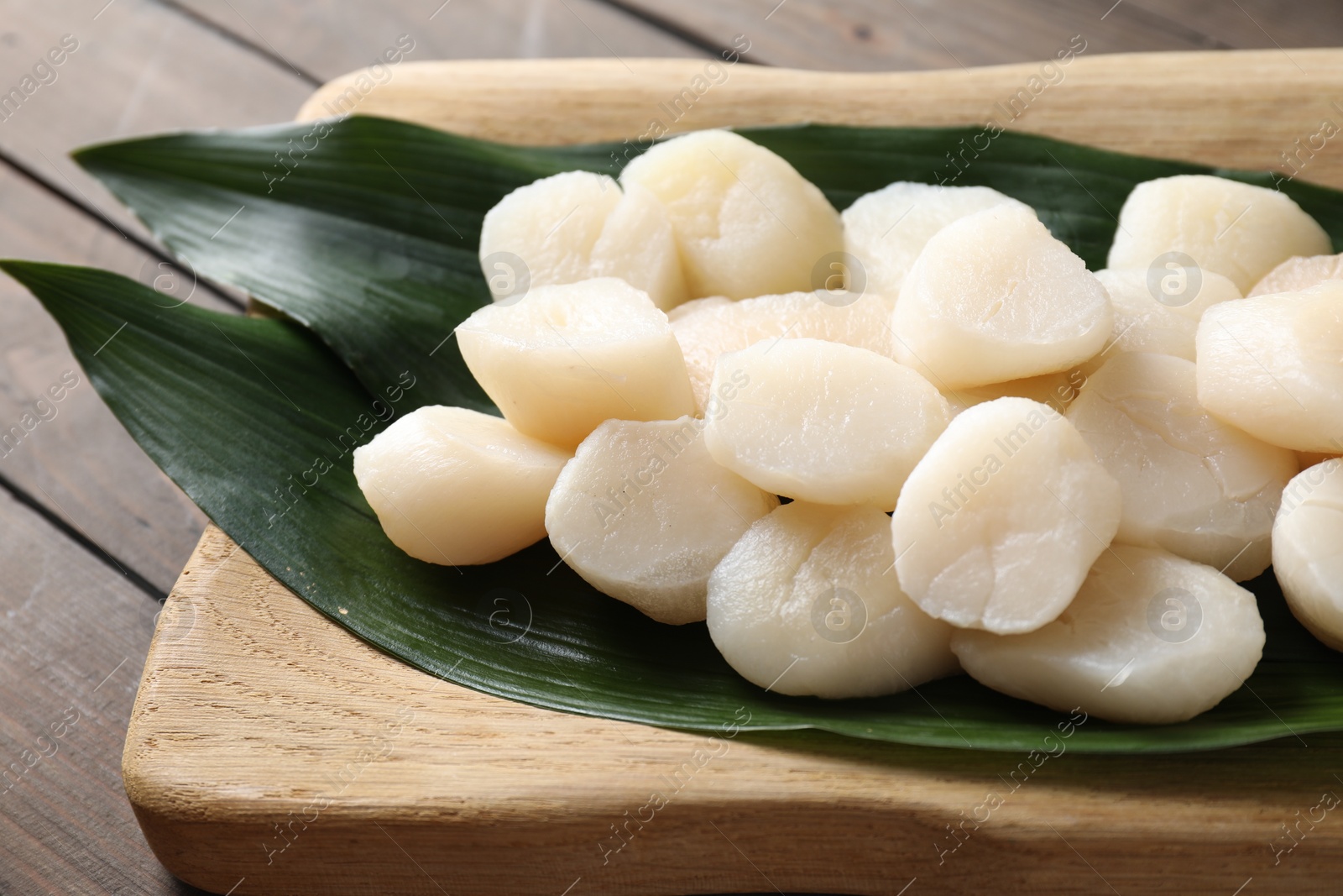 Photo of Fresh raw scallops on wooden table, closeup