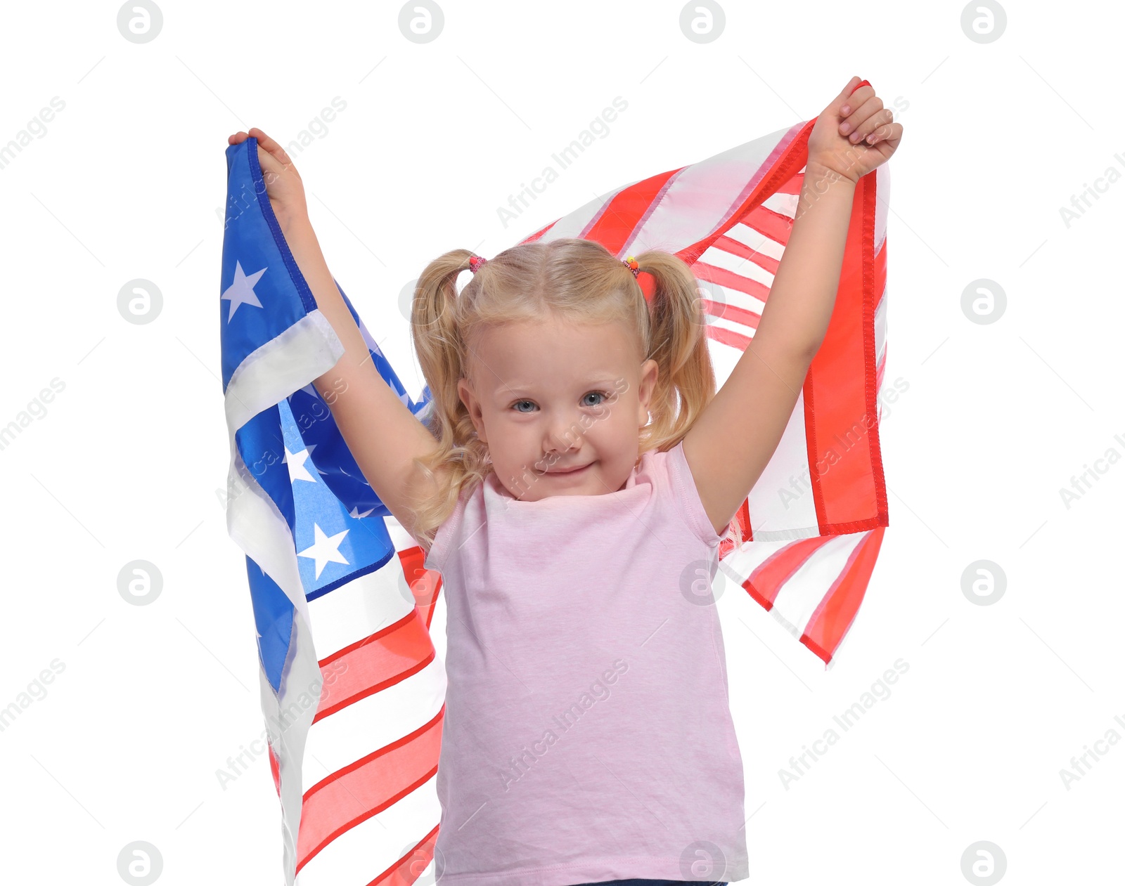 Photo of Portrait of cute little girl with American flag on white background