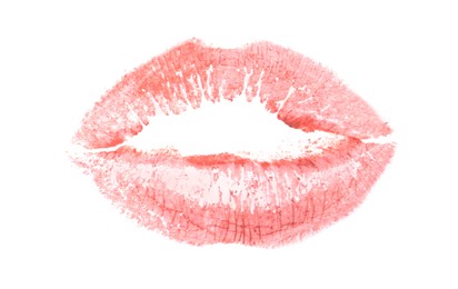 Photo of Coral lipstick kiss mark isolated on white