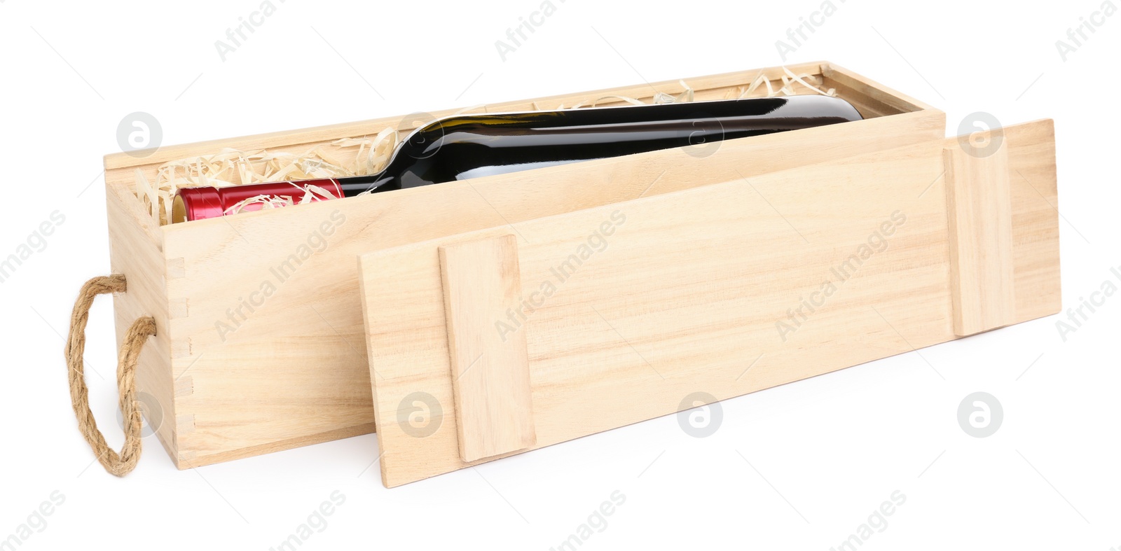 Photo of Open wooden crate with bottle of wine isolated on white