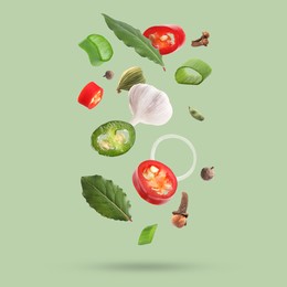 Image of Different spices falling on light green background