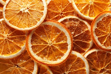 Many dry orange slices as background, top view