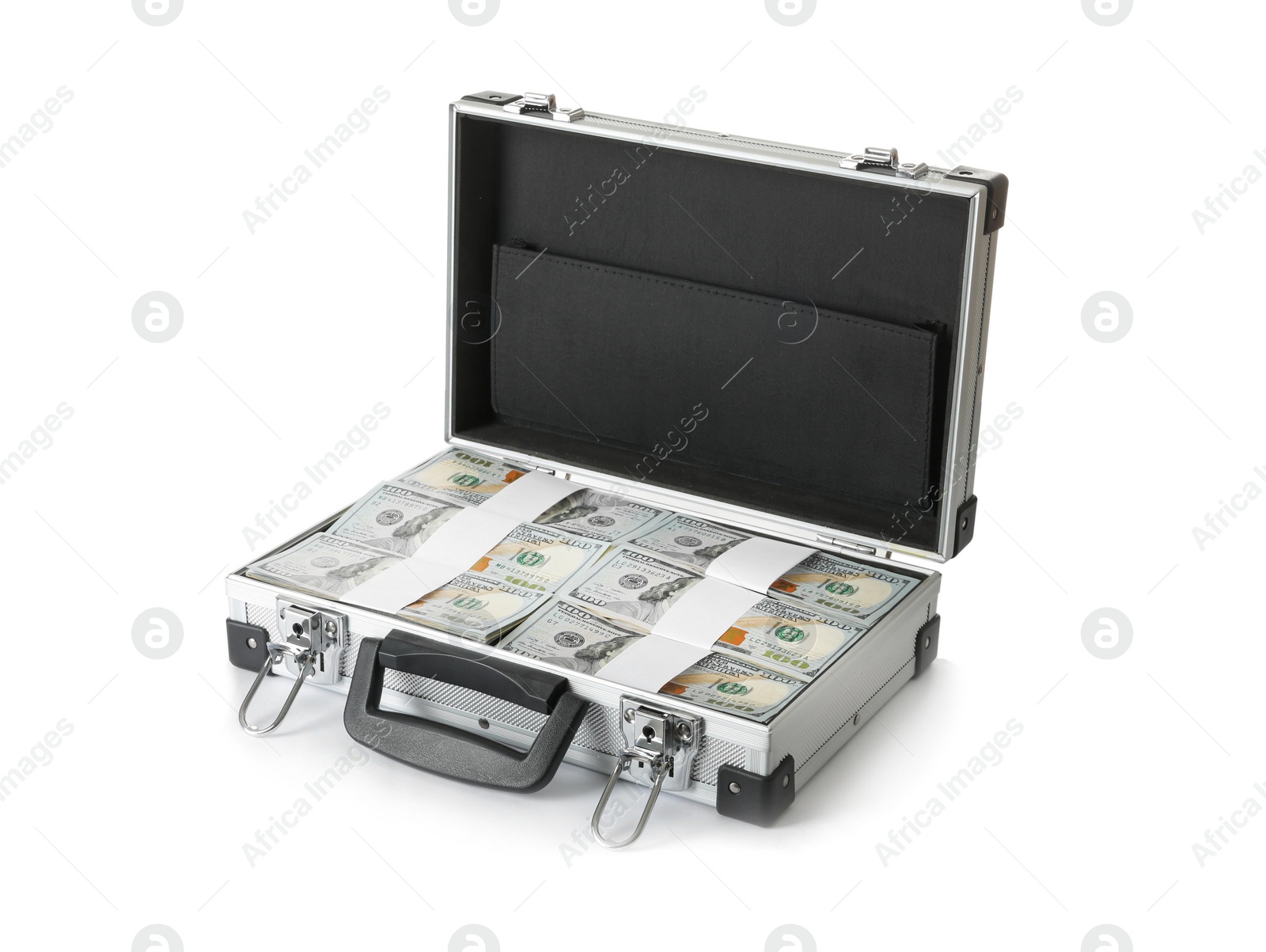 Photo of Open hard case full of money on white background