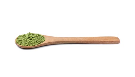 Spoon of green matcha powder isolated on white